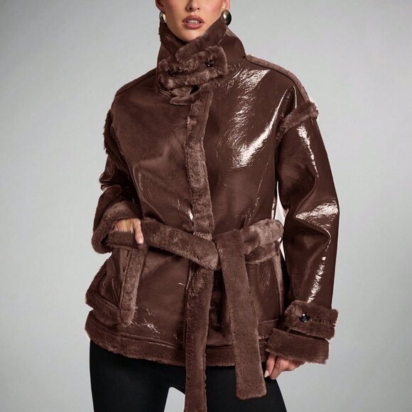 Coffee Brown Casual Women's faux fur detailed Long Sleeve faux Leather Jacket - Picture 3 of 7